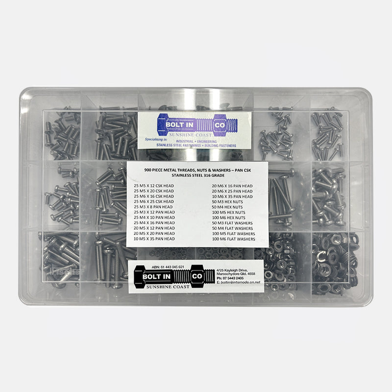 900 Piece SS316 Machine Threads, Nuts and Washers Assortment Kit